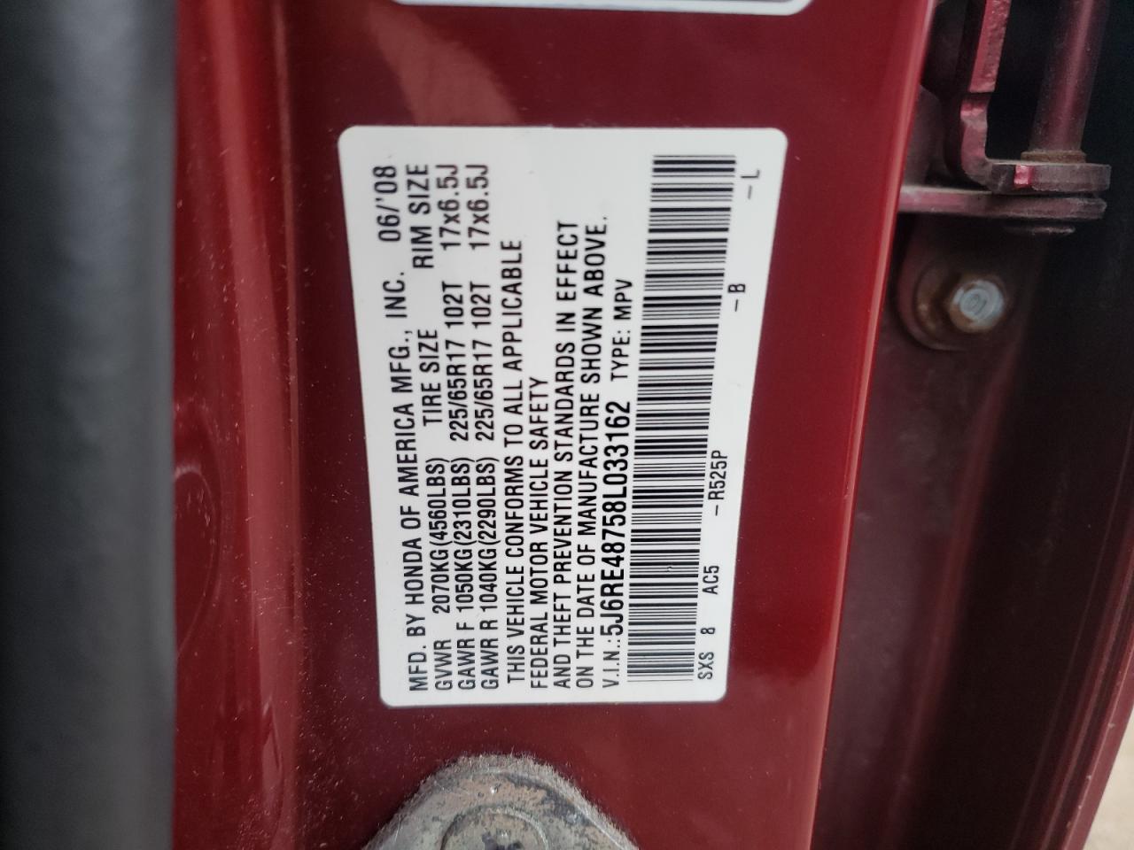 5J6RE48758L033162 2008 Honda Cr-V Exl