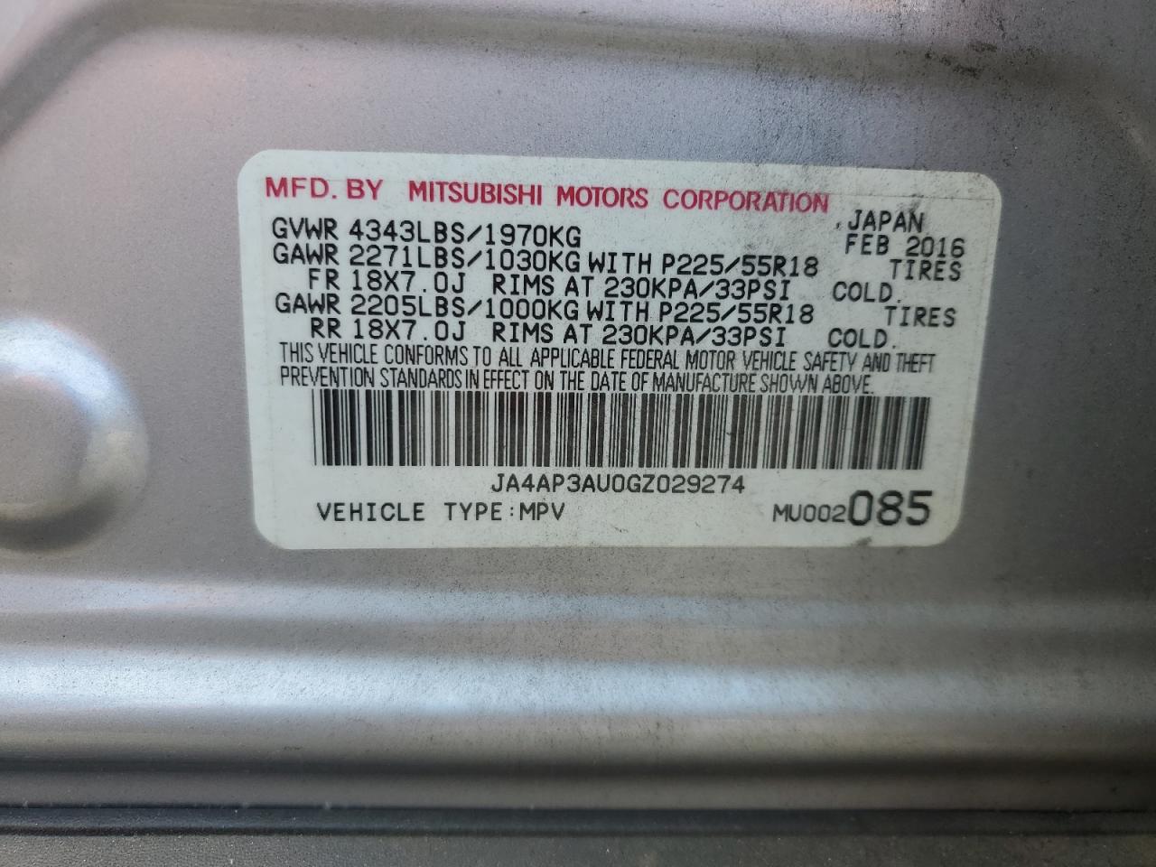 JA4AP3AU0GZ029274 2016 Mitsubishi Outlander Sport Es