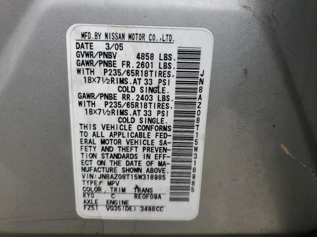 2005 Nissan Murano Sl VIN: JN8AZ08T15W318985 Lot: 58697624