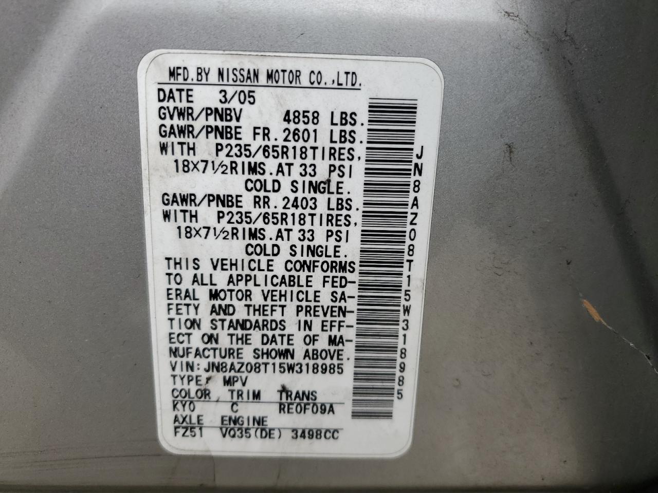 JN8AZ08T15W318985 2005 Nissan Murano Sl