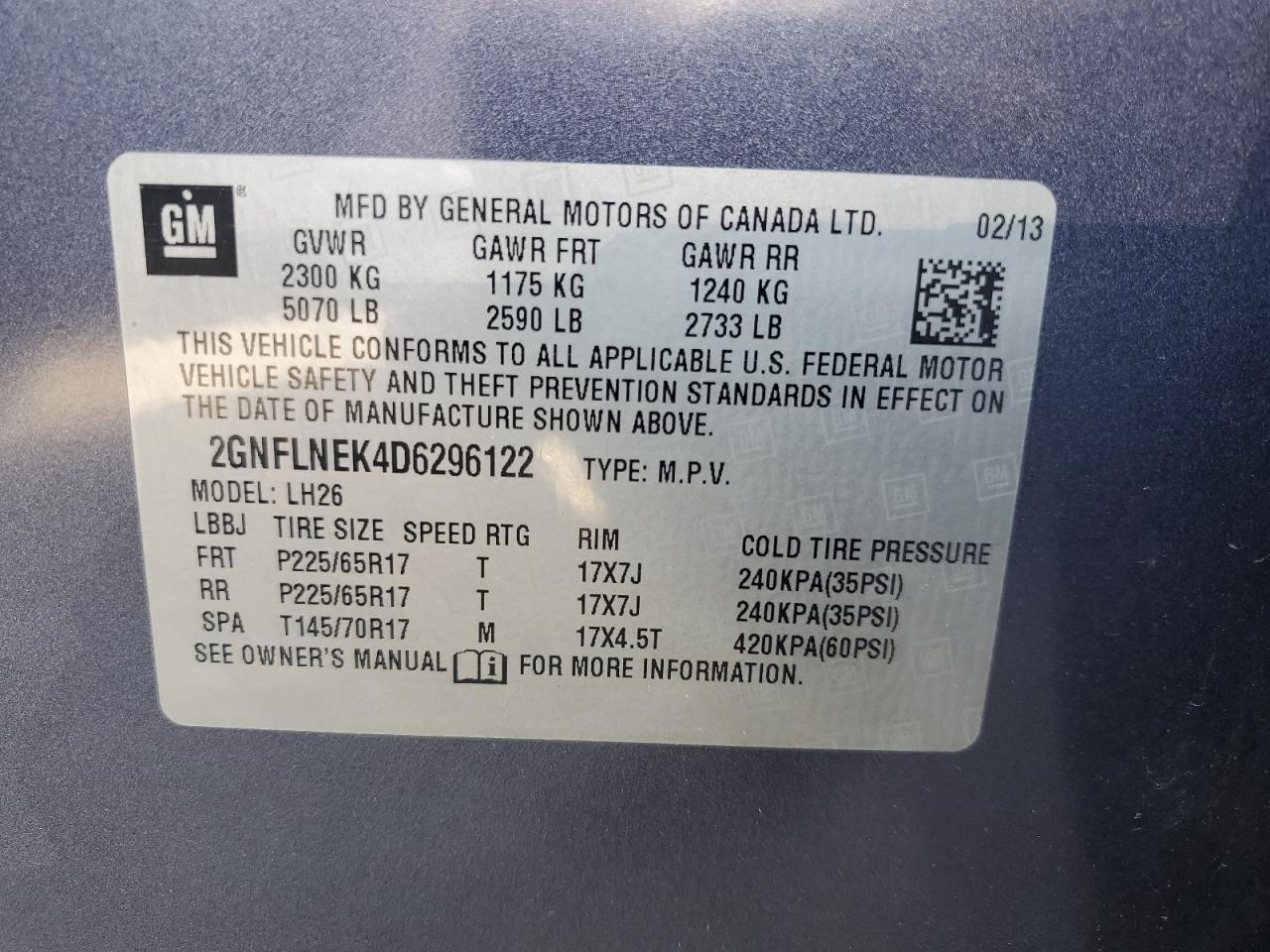 2GNFLNEK4D6296122 2013 Chevrolet Equinox Lt