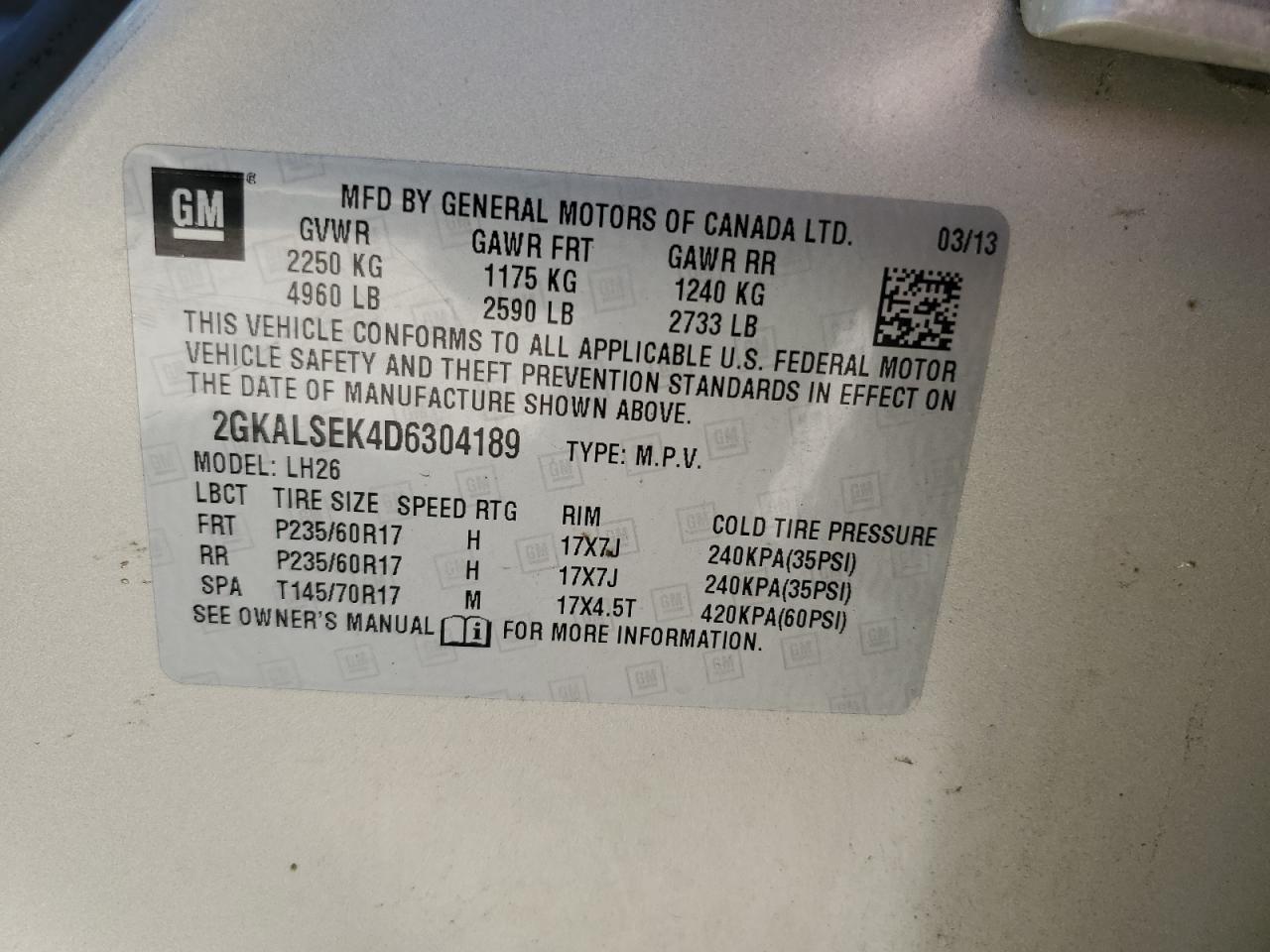 2GKALSEK4D6304189 2013 GMC Terrain Sle