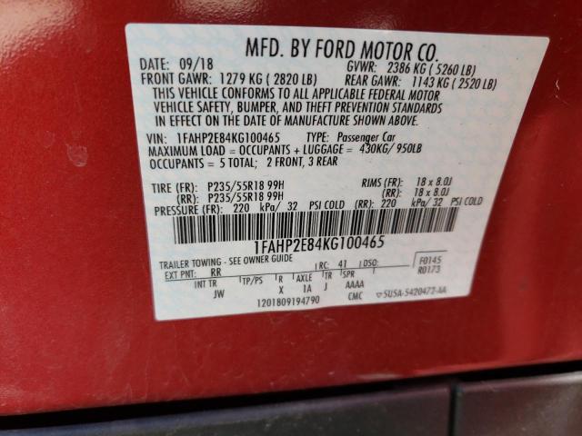 2019 Ford Taurus Sel VIN: 1FAHP2E84KG100465 Lot: 58425404