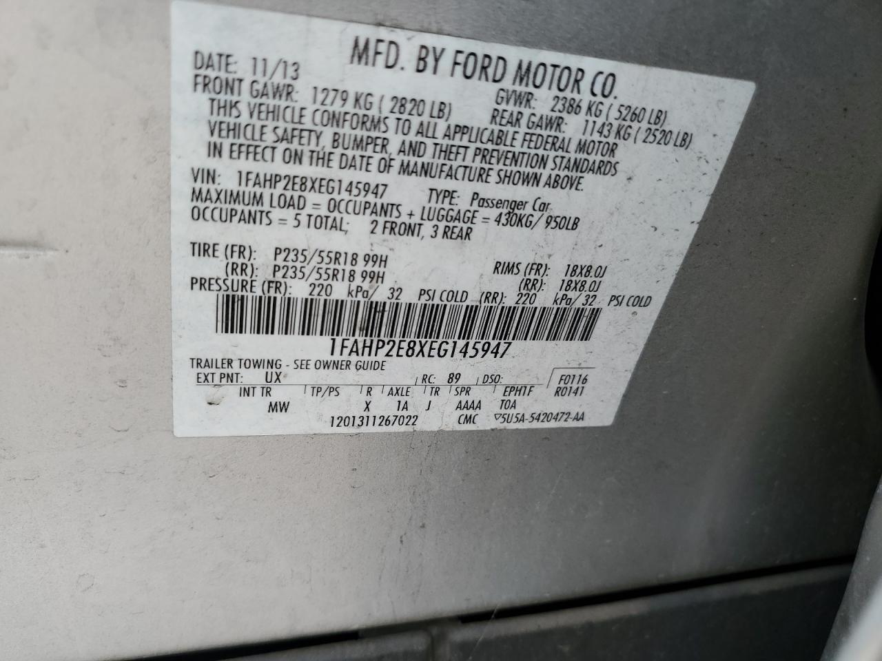 1FAHP2E8XEG145947 2014 Ford Taurus Sel