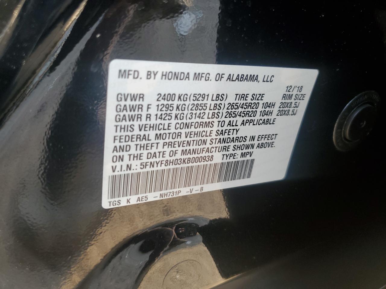 5FNYF8H03KB000938 2019 Honda Passport Elite