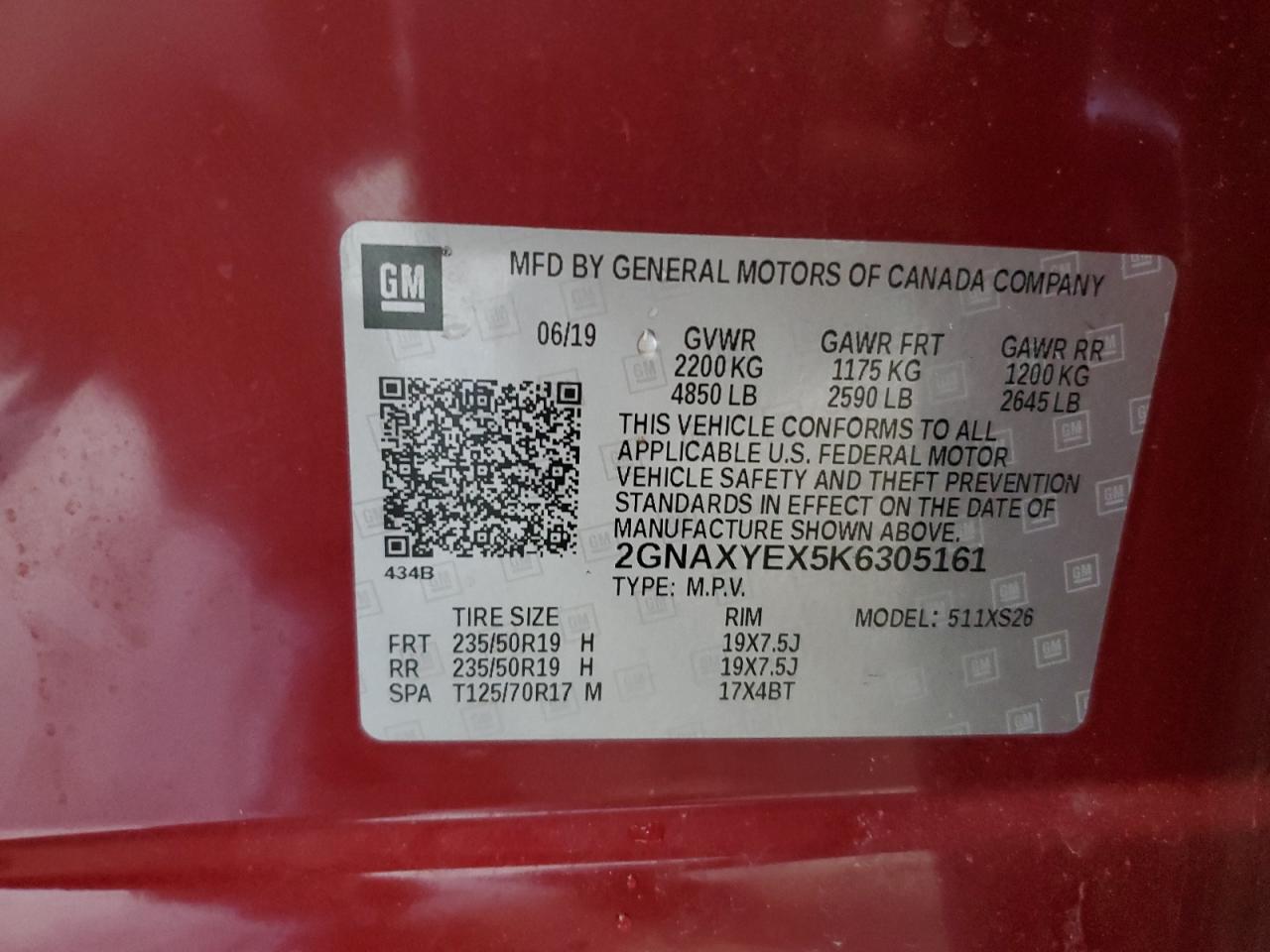 2GNAXYEX5K6305161 CHEVROLET EQUINOX 2019