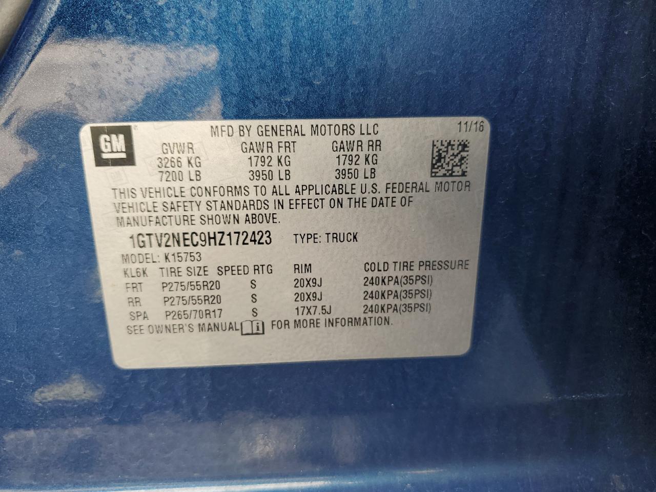 1GTV2NEC9HZ172423 2017 GMC Sierra K1500 Slt