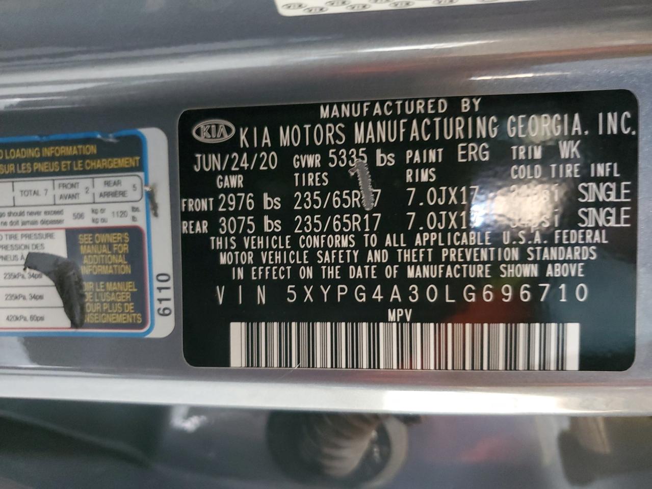 5XYPG4A30LG696710 2020 Kia Sorento L