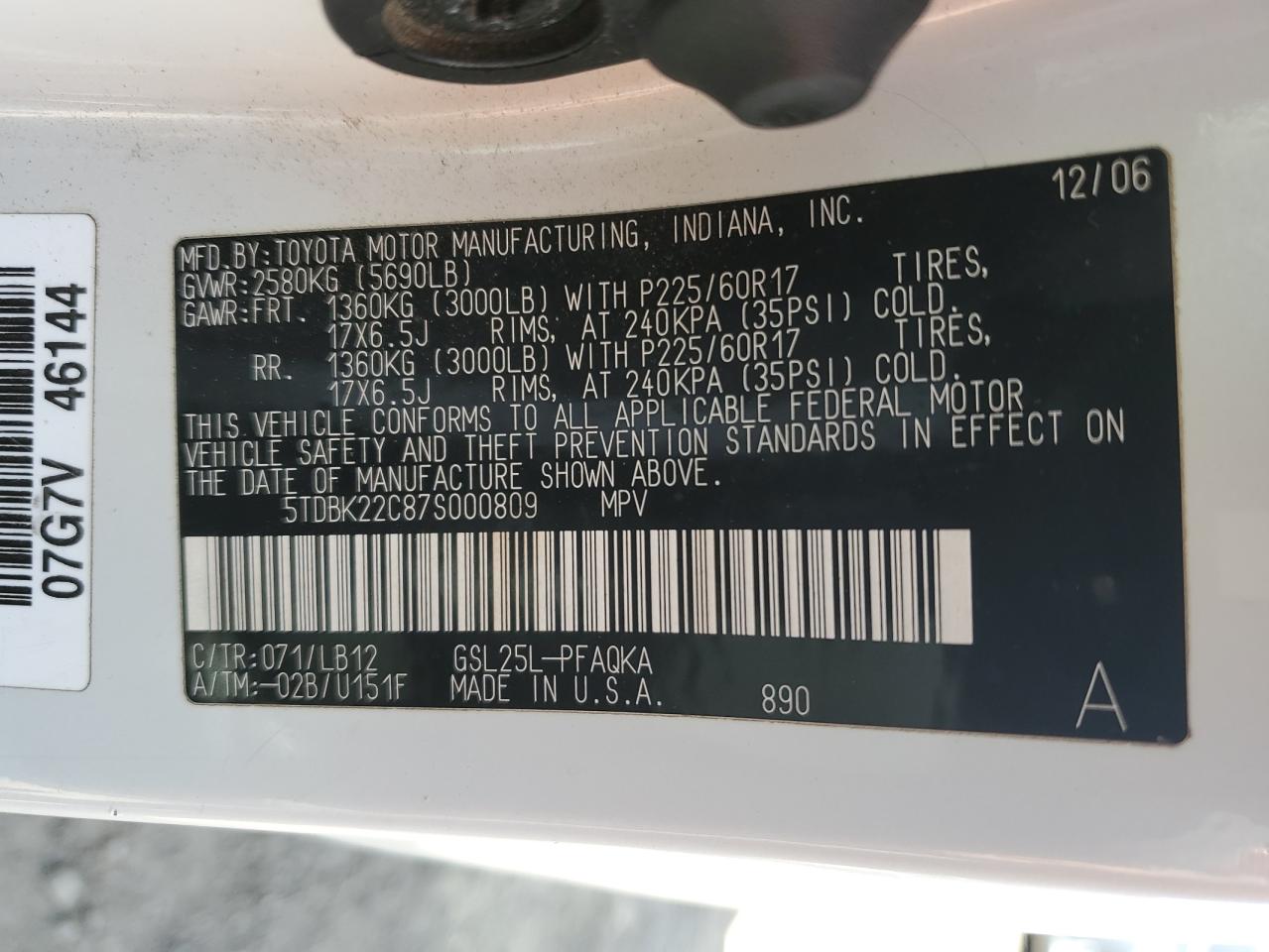 5TDBK22C87S000809 2007 Toyota Sienna Xle