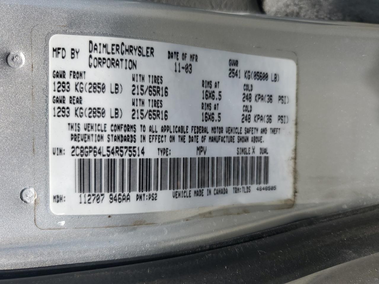 2C8GP64L54R575514 2004 Chrysler Town & Country Limited