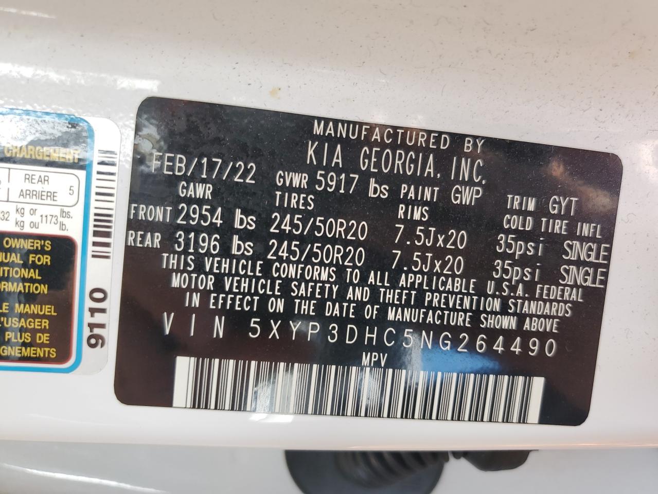 5XYP3DHC5NG264490 2022 Kia Telluride Ex