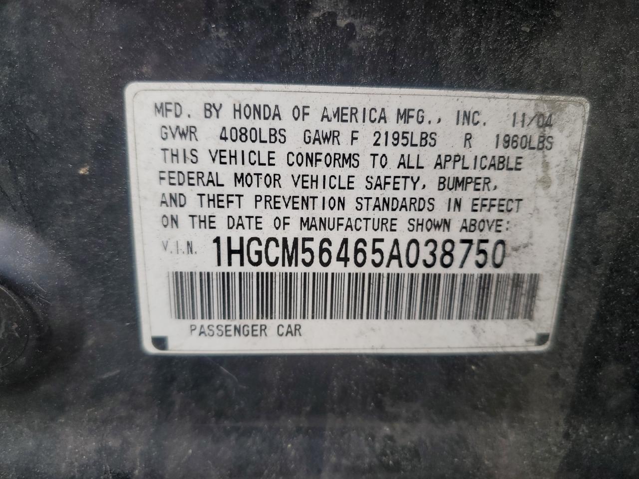 1HGCM56465A038750 2005 Honda Accord Lx