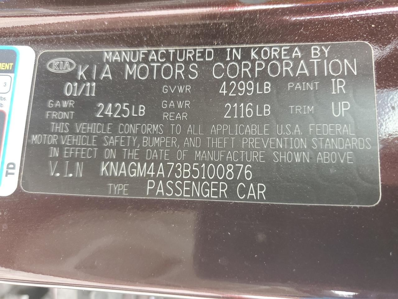 KNAGM4A73B5100876 2011 Kia Optima Lx