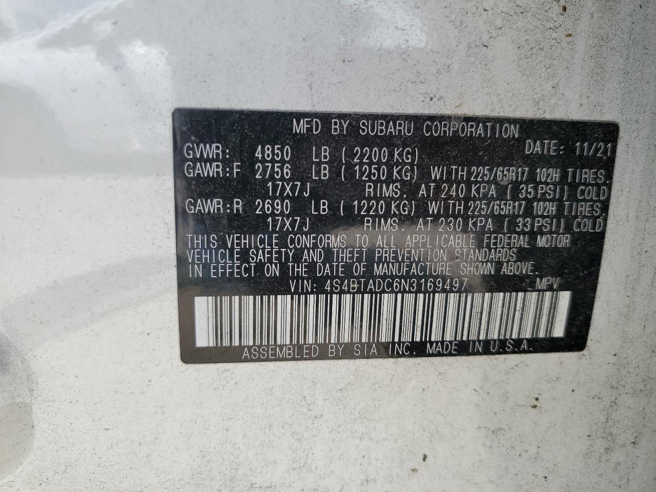 4S4BTADC6N3169497 2022 Subaru Outback Premium