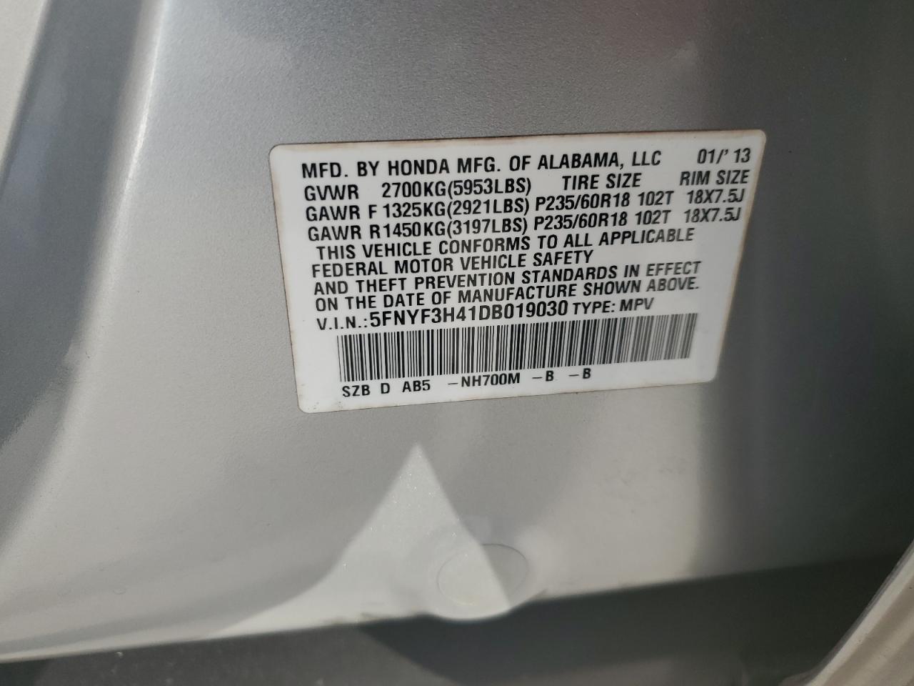 5FNYF3H41DB019030 2013 Honda Pilot Ex