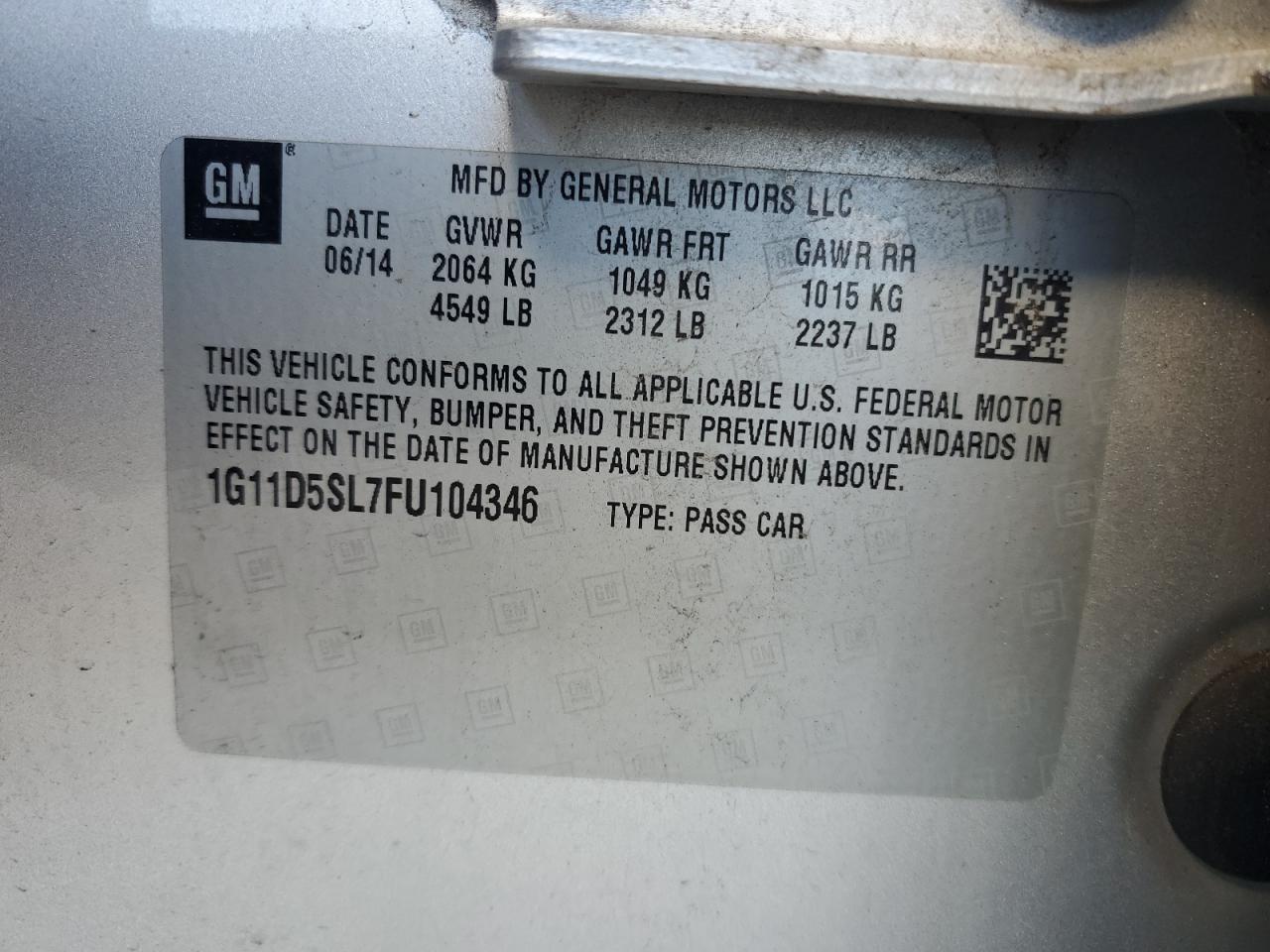 1G11D5SL7FU104346 2015 Chevrolet Malibu 2Lt