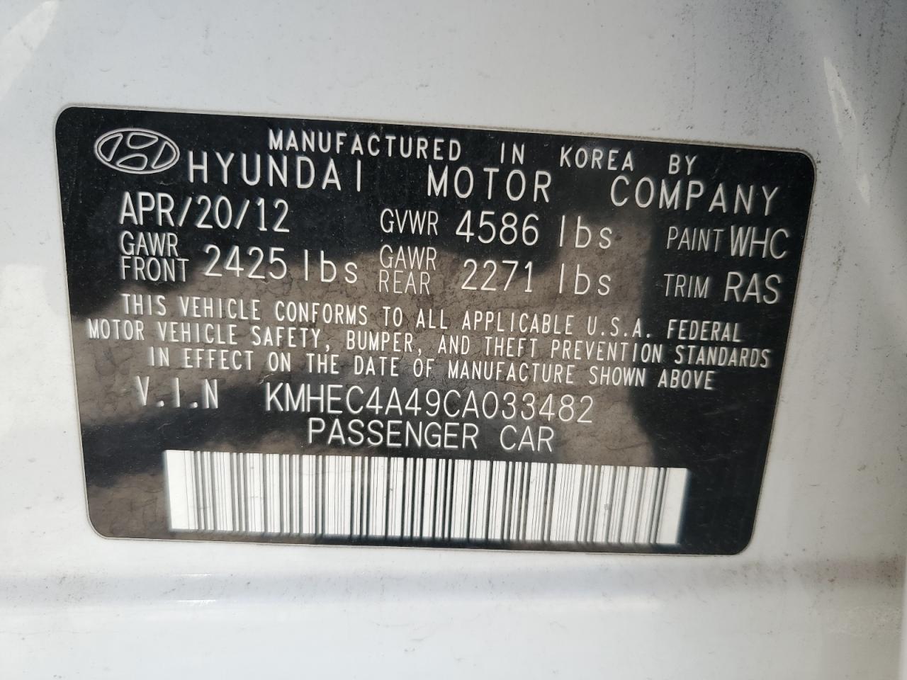 KMHEC4A49CA033482 2012 Hyundai Sonata Hybrid