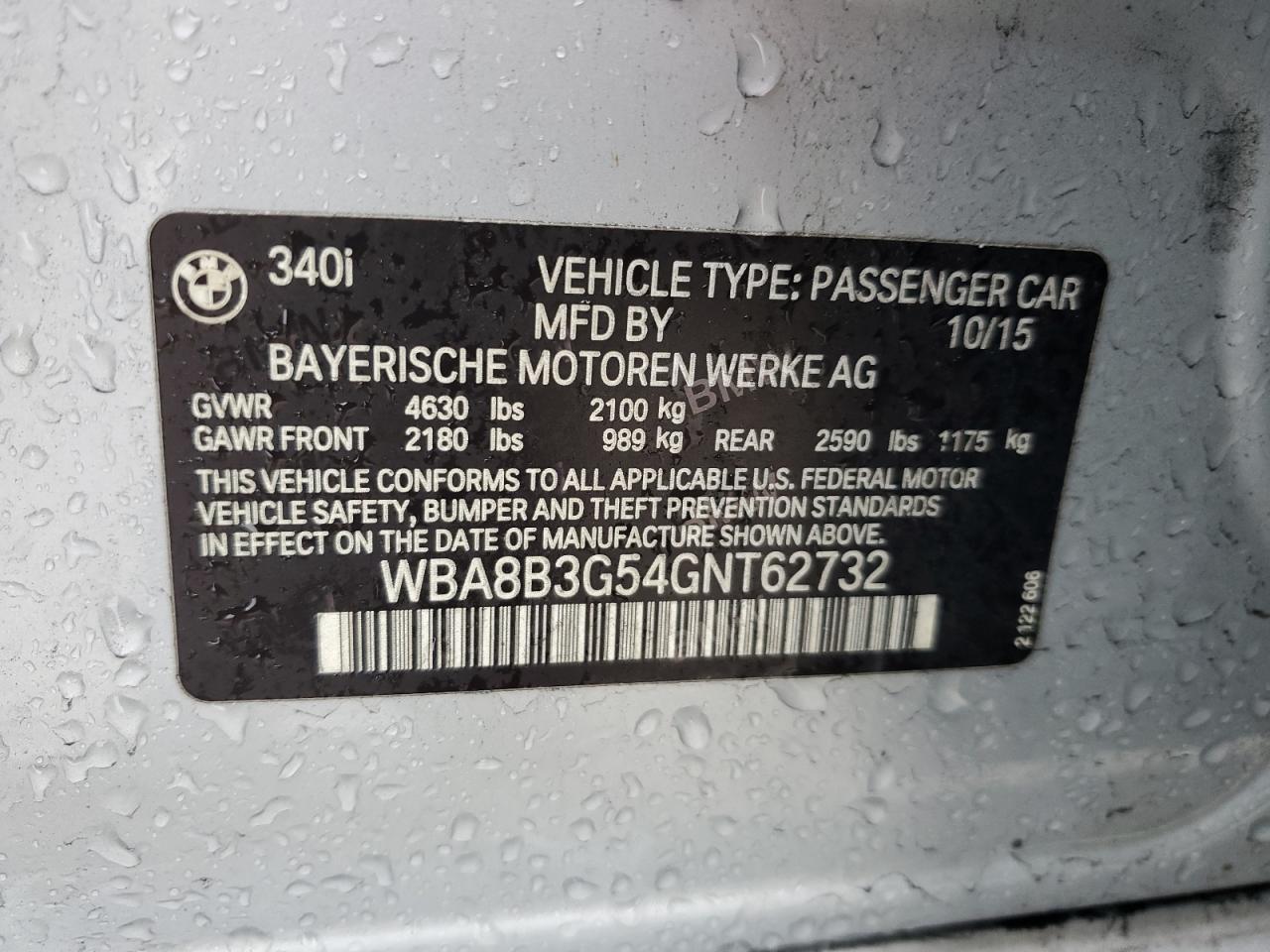 WBA8B3G54GNT62732 2016 BMW 340 I