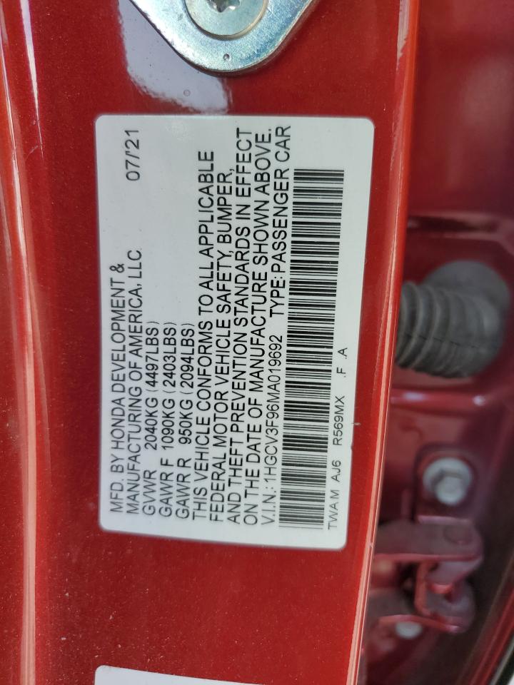 1HGCV3F96MA019692 2021 Honda Accord Touring Hybrid