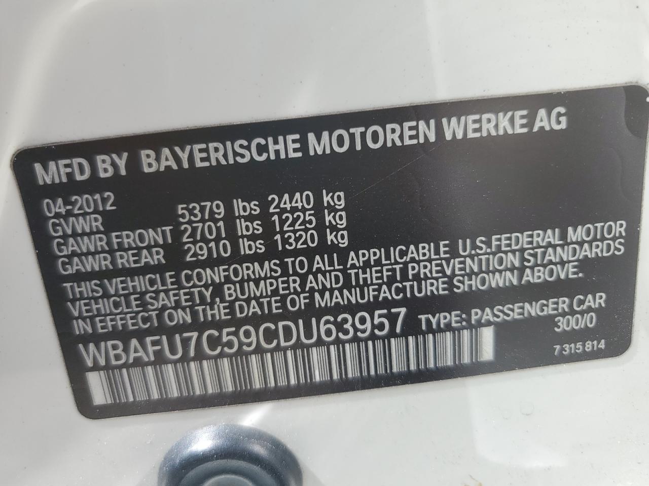 WBAFU7C59CDU63957 2012 BMW 535 Xi