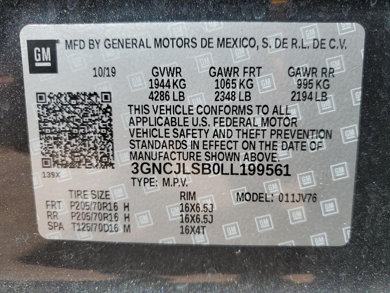 3GNCJLSB0LL199561 2020 Chevrolet Trax 1Lt