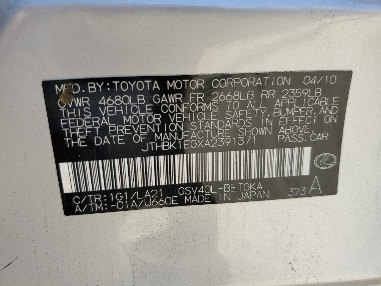 JTHBK1EGXA2391371 2010 Lexus Es 350