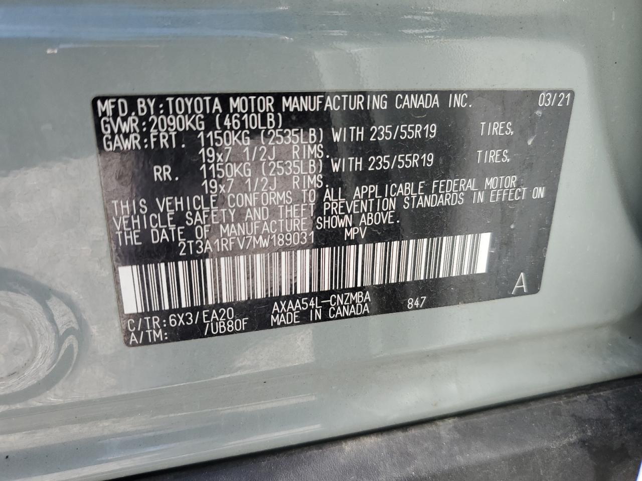 2T3A1RFV7MW189031 2021 Toyota Rav4 Xle Premium