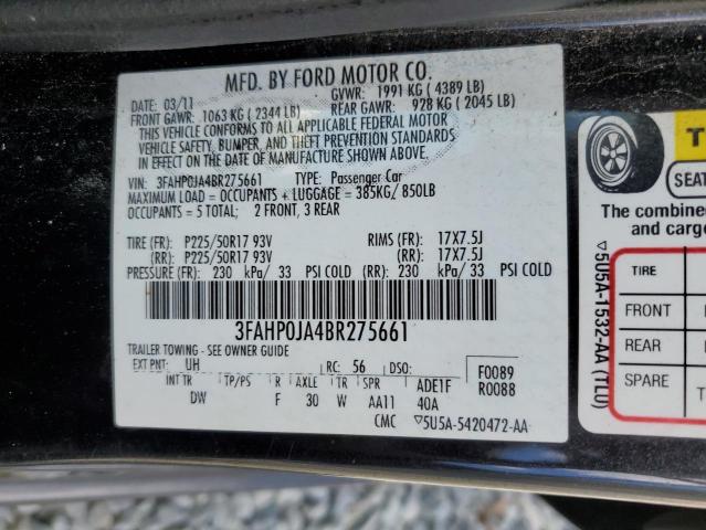 2011 Ford Fusion Sel VIN: 3FAHP0JA4BR275661 Lot: 58737014