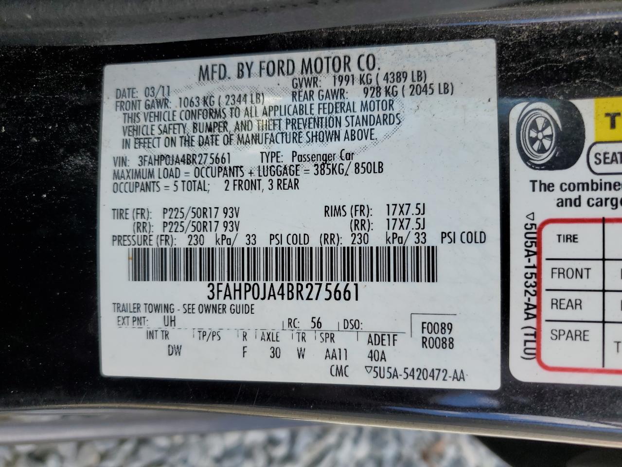 3FAHP0JA4BR275661 2011 Ford Fusion Sel