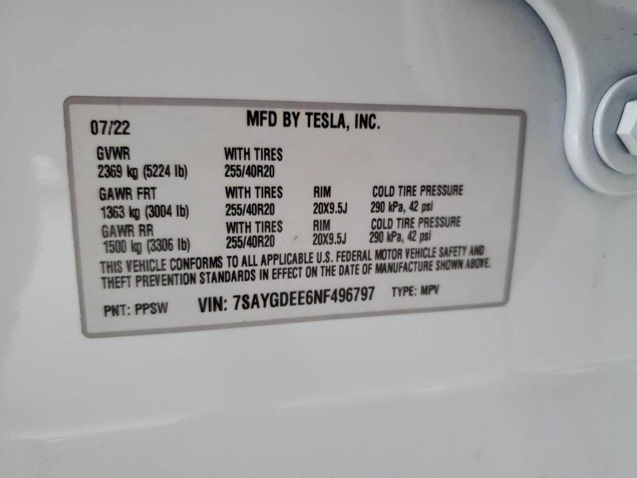 7SAYGDEE6NF496797 2022 Tesla Model Y