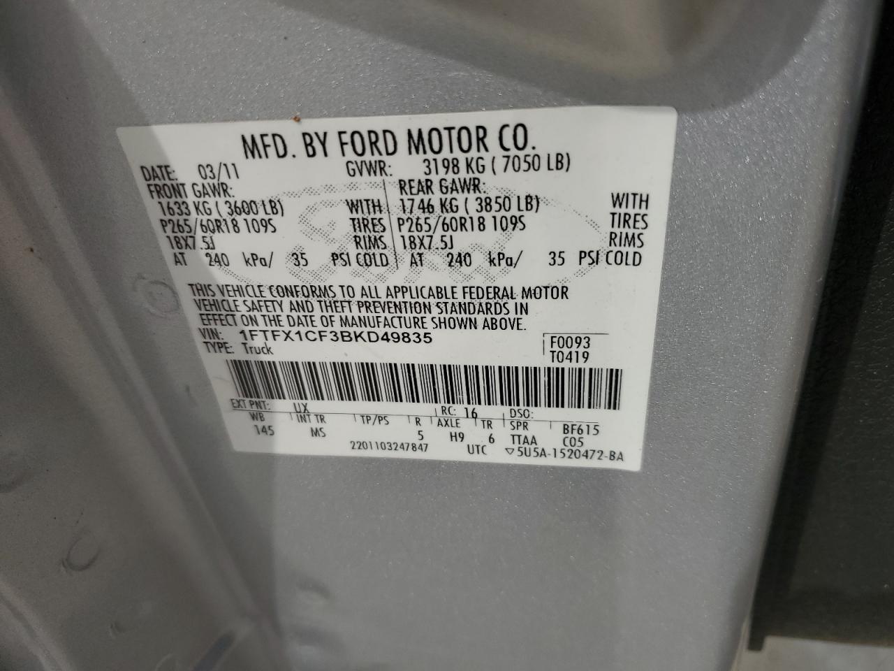 1FTFX1CF3BKD49835 2011 Ford F150 Super Cab