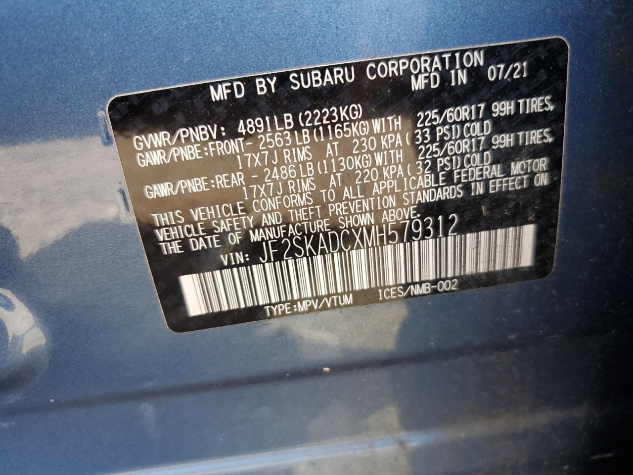 JF2SKADCXMH579312 2021 Subaru Forester