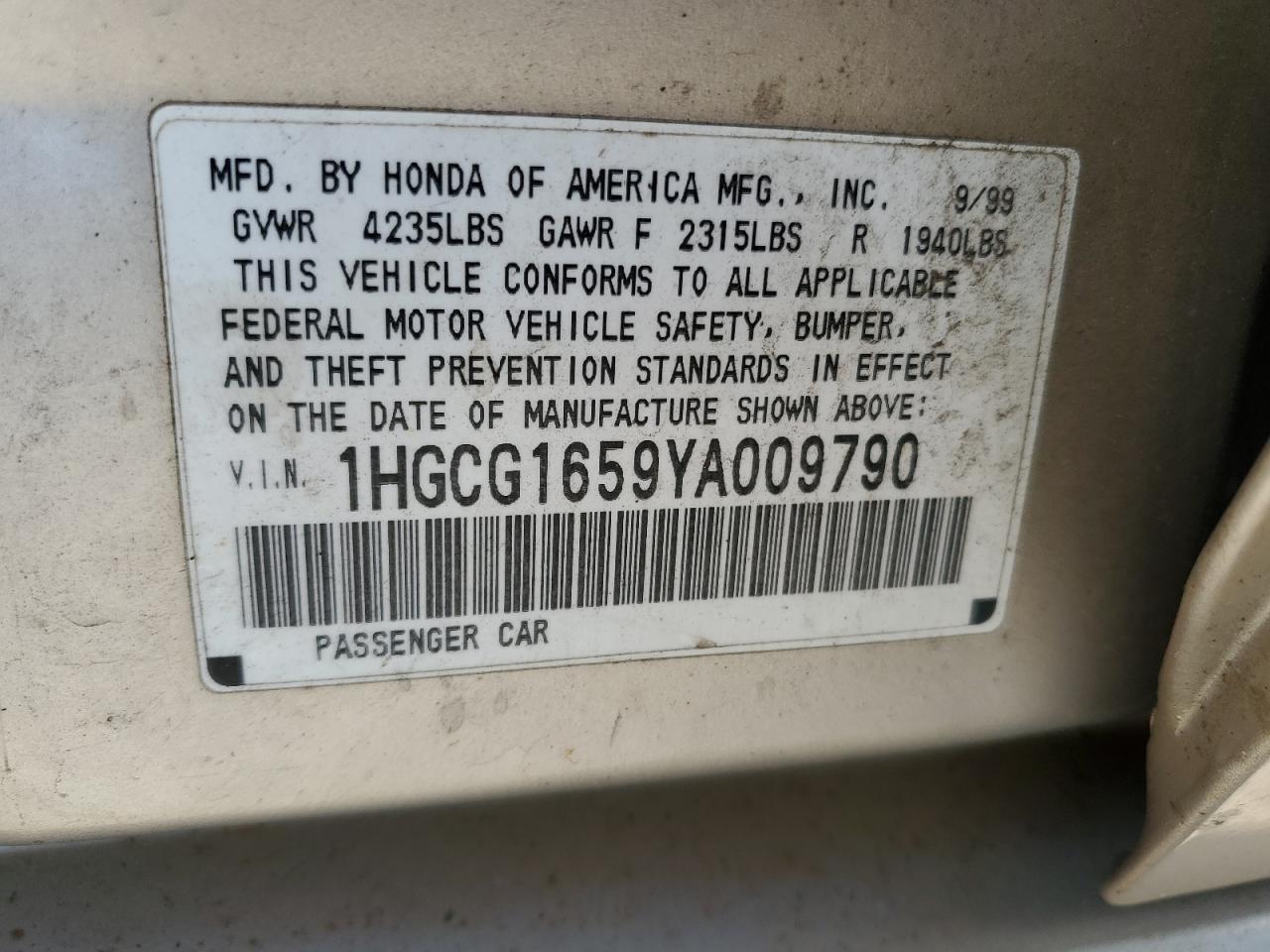 1HGCG1659YA009790 2000 Honda Accord Ex