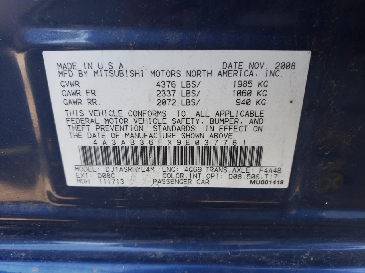 4A3AB36FX9E037761 2009 Mitsubishi Galant Es