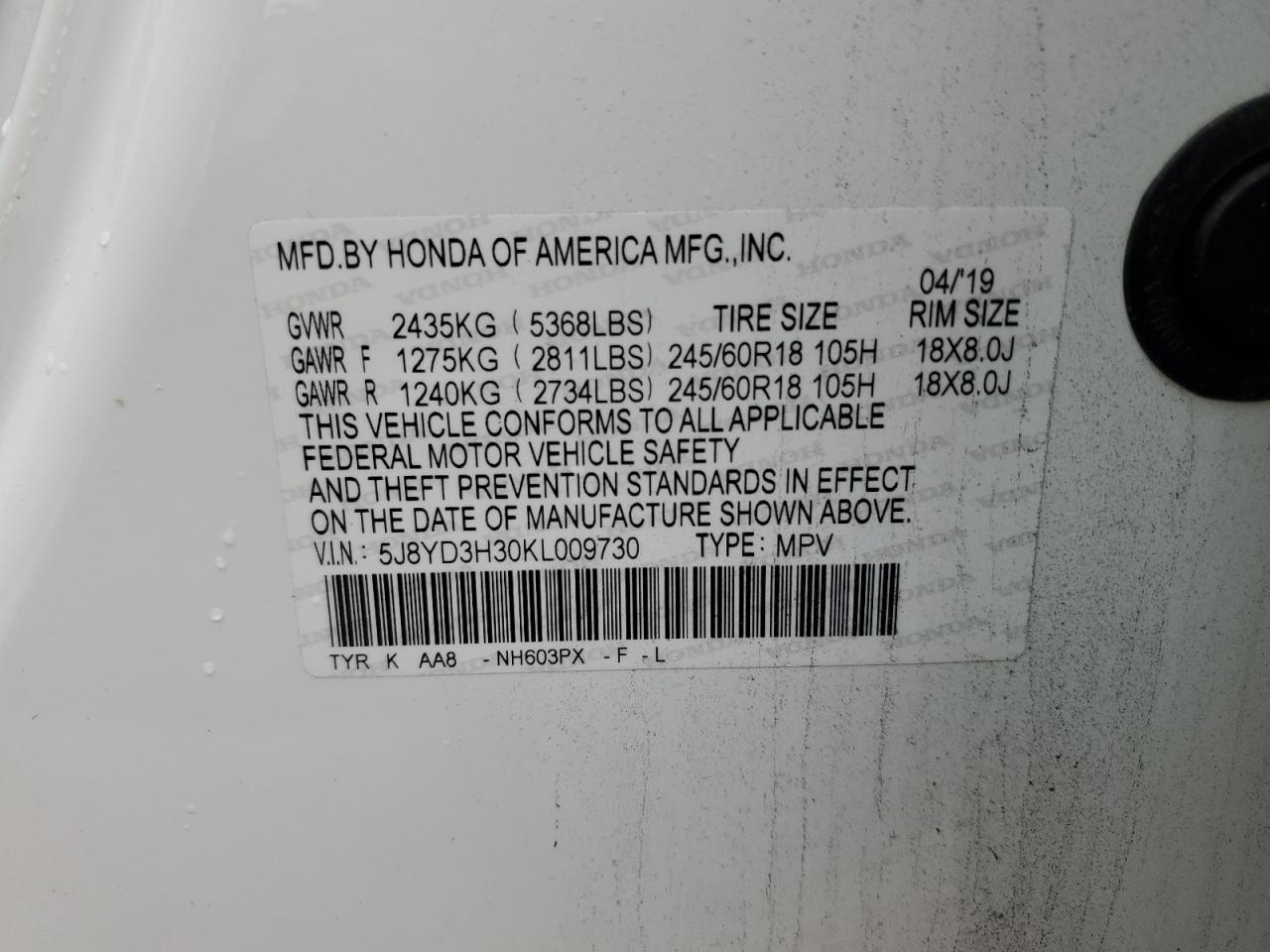 5J8YD3H30KL009730 2019 Acura Mdx