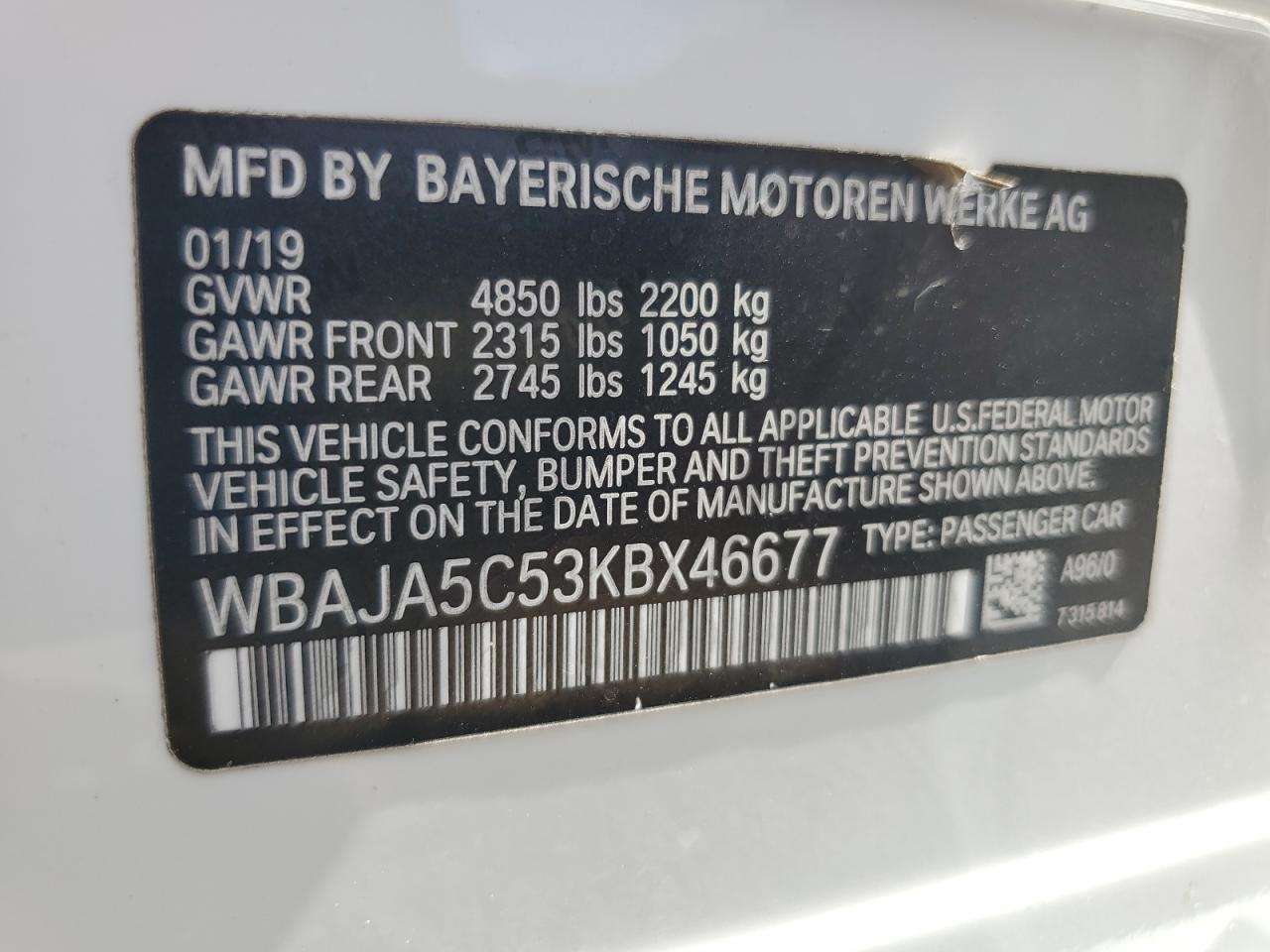WBAJA5C53KBX46677 2019 BMW 530 I