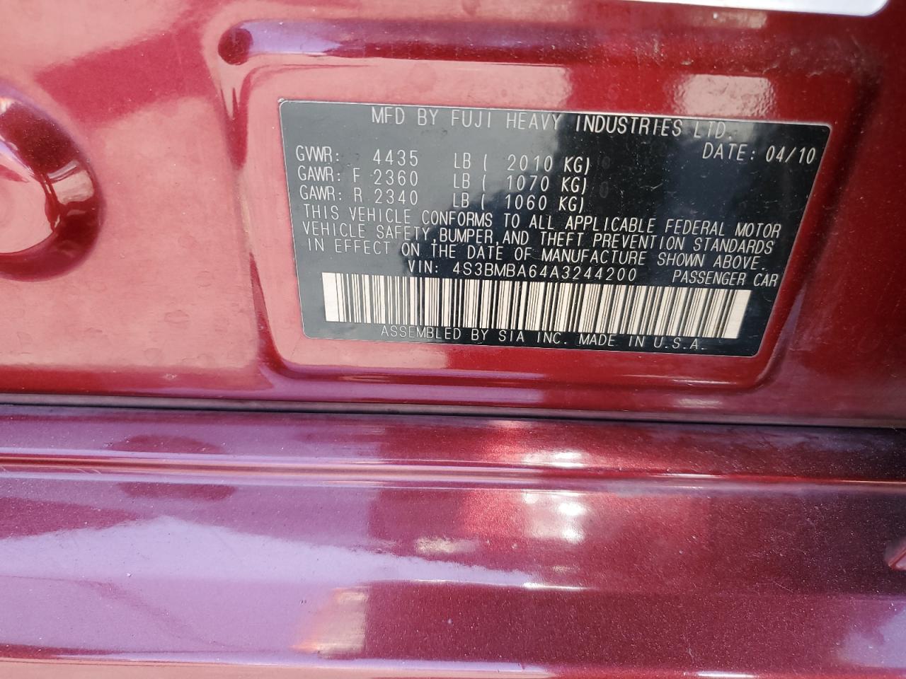 4S3BMBA64A3244200 2010 Subaru Legacy 2.5I