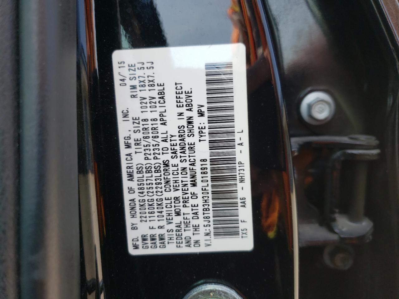 5J8TB3H30FL018918 2015 Acura Rdx