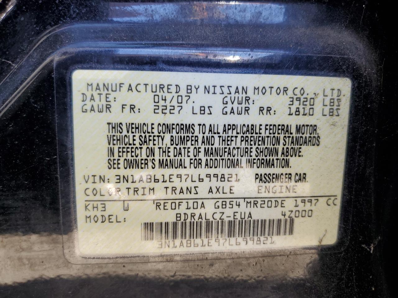 3N1AB61E97L699821 2007 Nissan Sentra 2.0