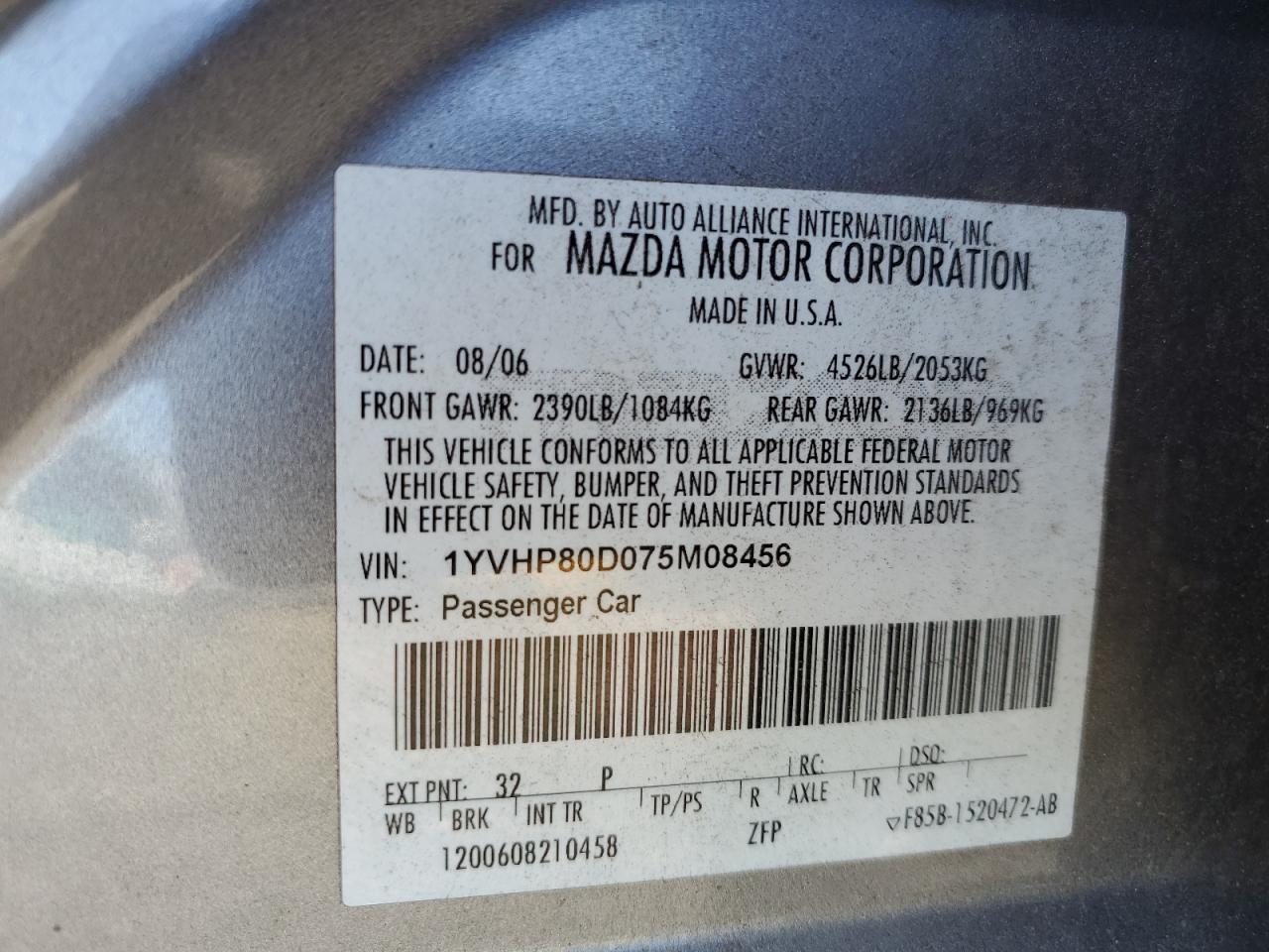 1YVHP80D075M08456 2007 Mazda 6 S