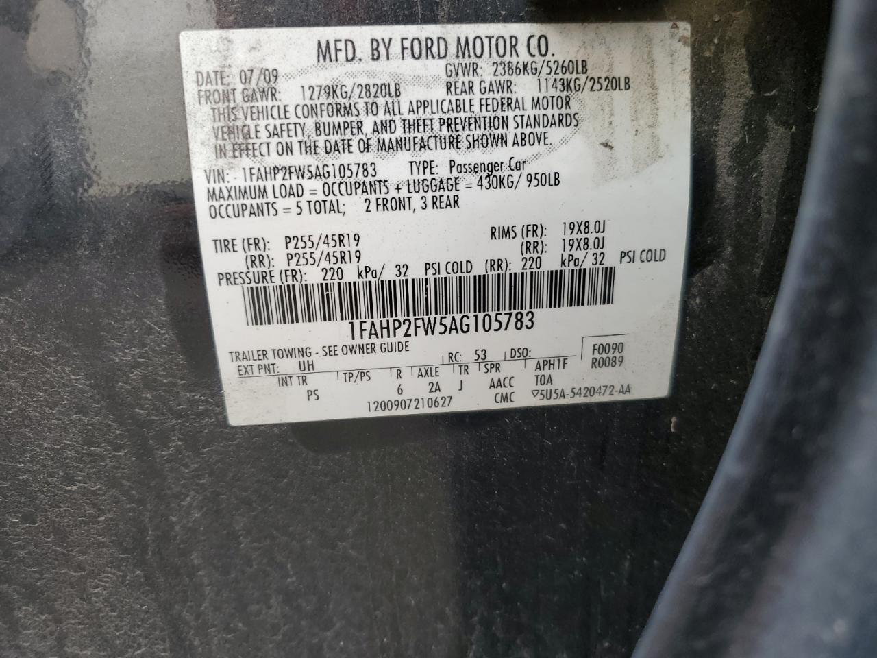 1FAHP2FW5AG105783 2010 Ford Taurus Limited