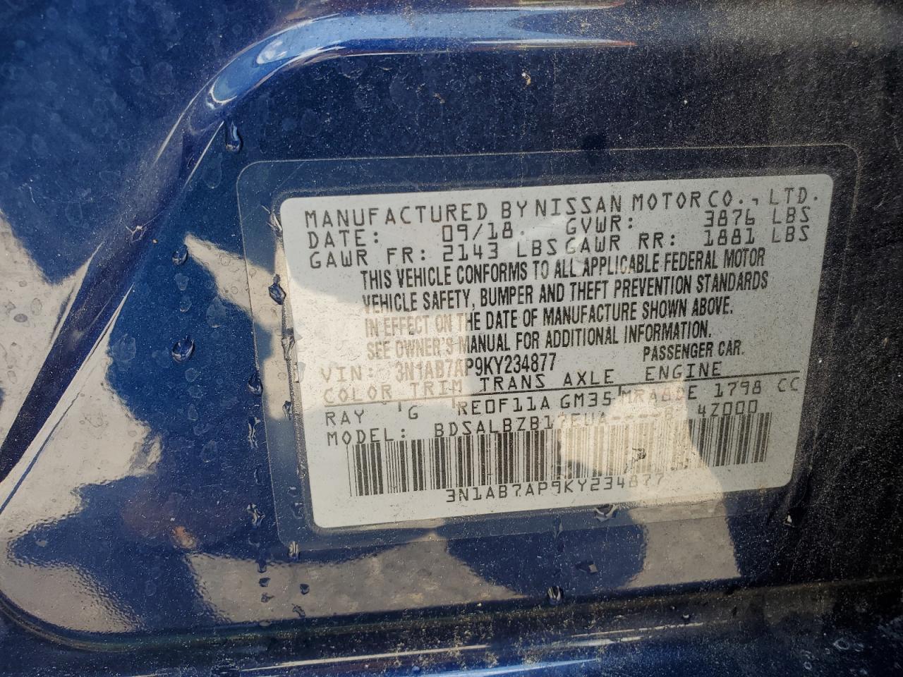 3N1AB7AP9KY234877 2019 Nissan Sentra S