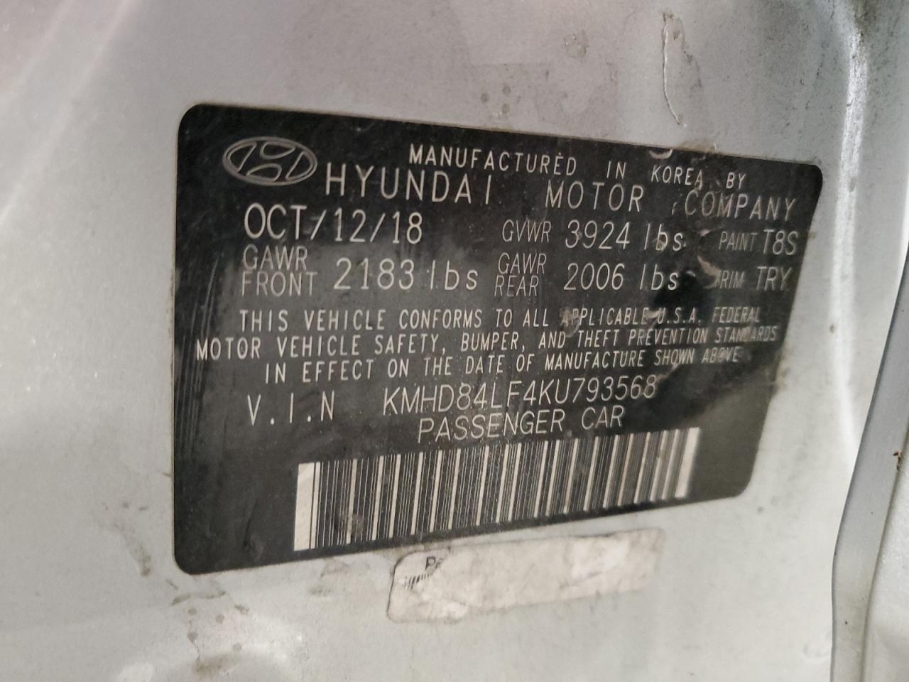 KMHD84LF4KU793568 2019 Hyundai Elantra Sel
