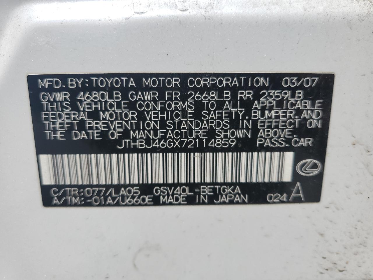 JTHBJ46GX72114859 2007 Lexus Es 350