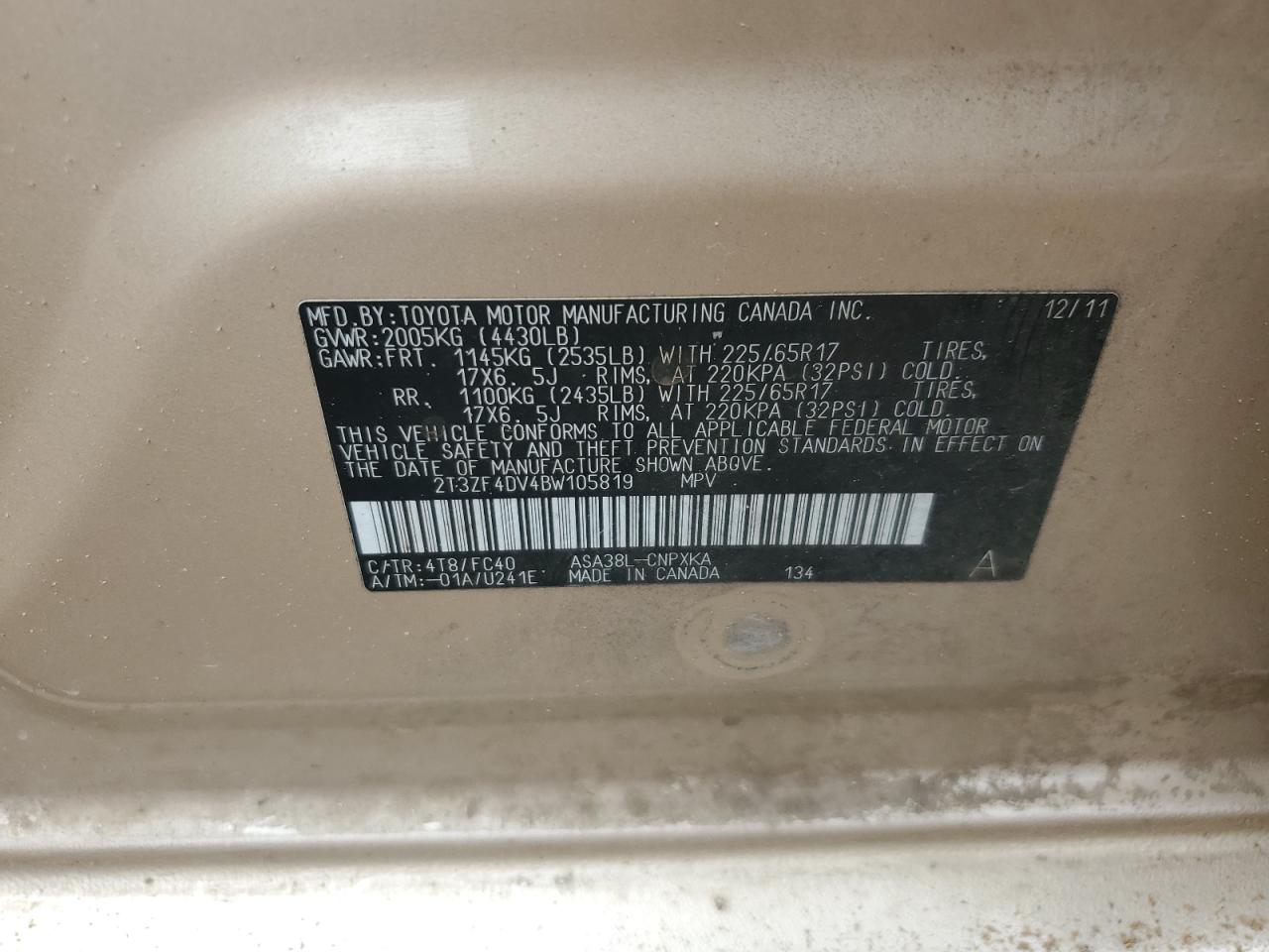 2T3ZF4DV4BW105819 2011 Toyota Rav4