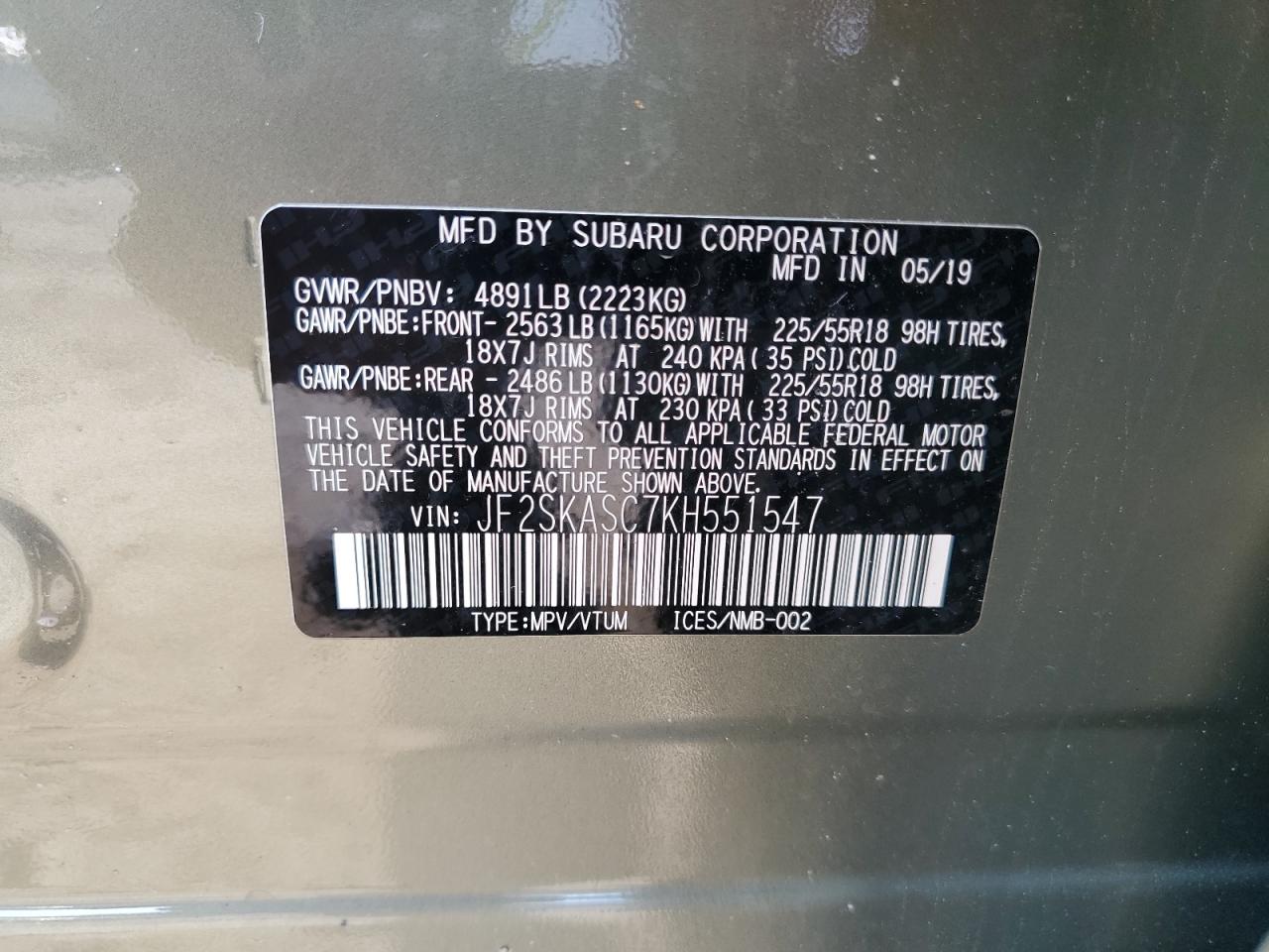 JF2SKASC7KH551547 2019 Subaru Forester Limited