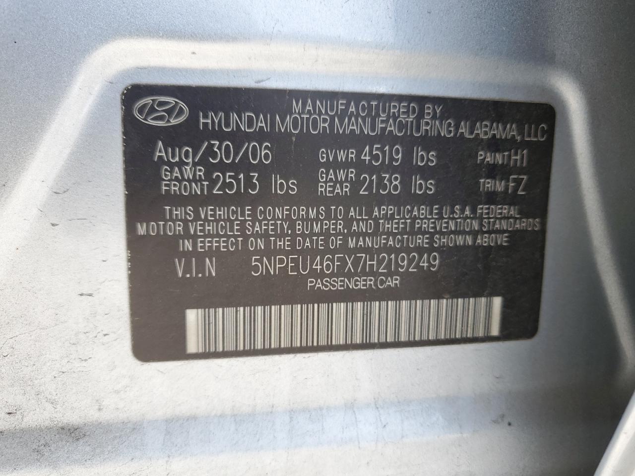 5NPEU46FX7H219249 2007 Hyundai Sonata Se