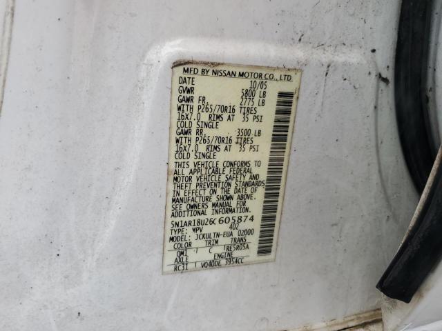 2006 Nissan Pathfinder Le VIN: 5N1AR18U26C605874 Lot: 58903514