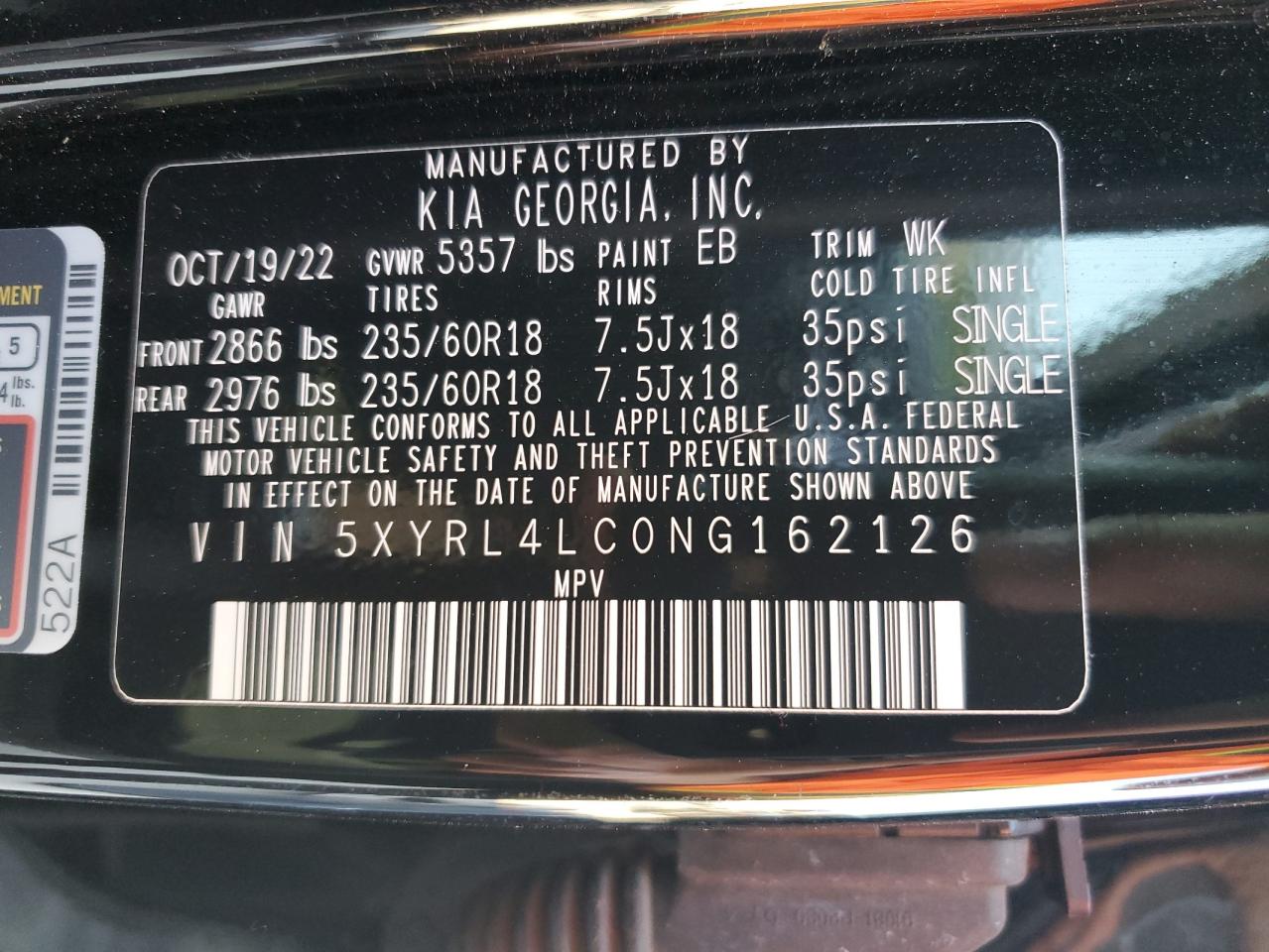 5XYRL4LC0NG162126 2022 Kia Sorento S