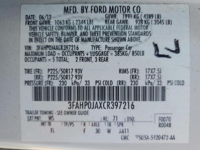 2012 Ford Fusion Sel VIN: 3FAHP0JAXCR397216 Lot: 58458914